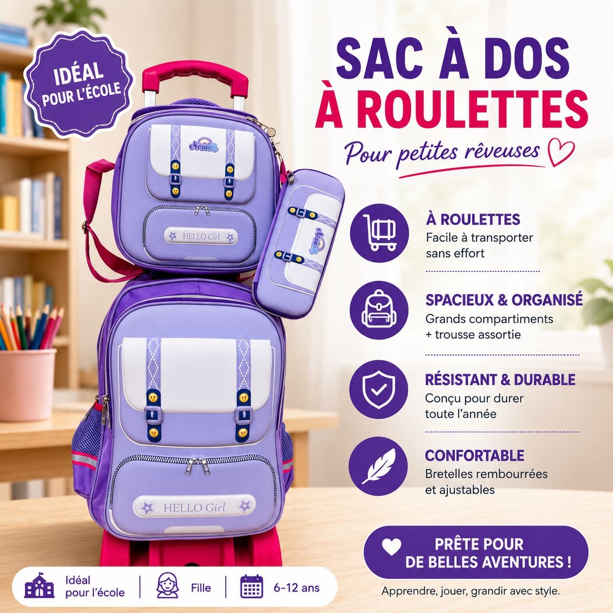 Sac à dos à roulettes Hello Girl - Violet uni