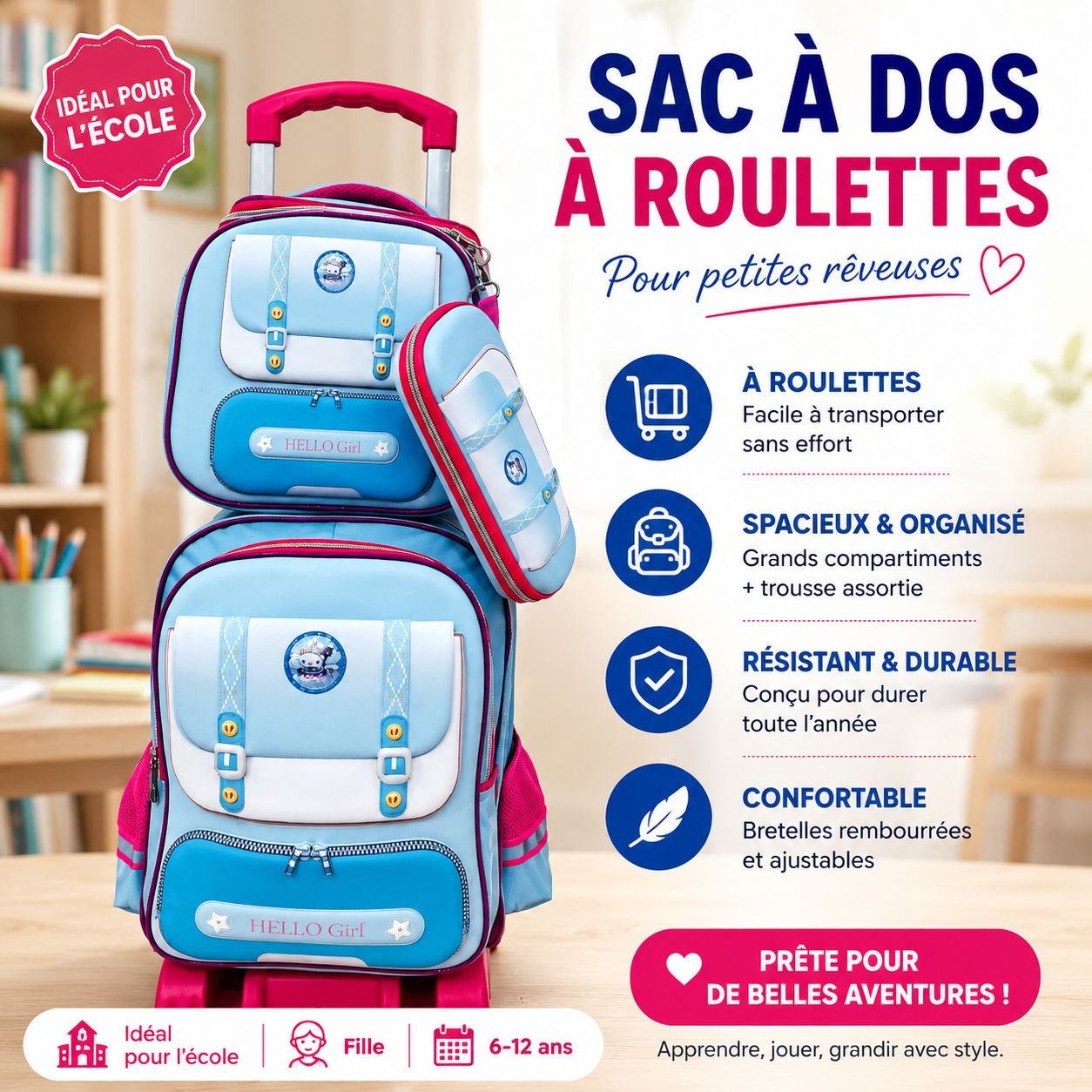 Sac à dos à roulettes Hello Girl - Rose licorne