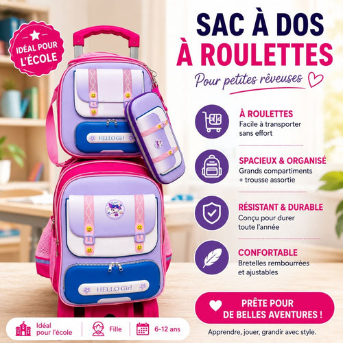 Sac à dos à roulettes Hello Girl - Violet et rose