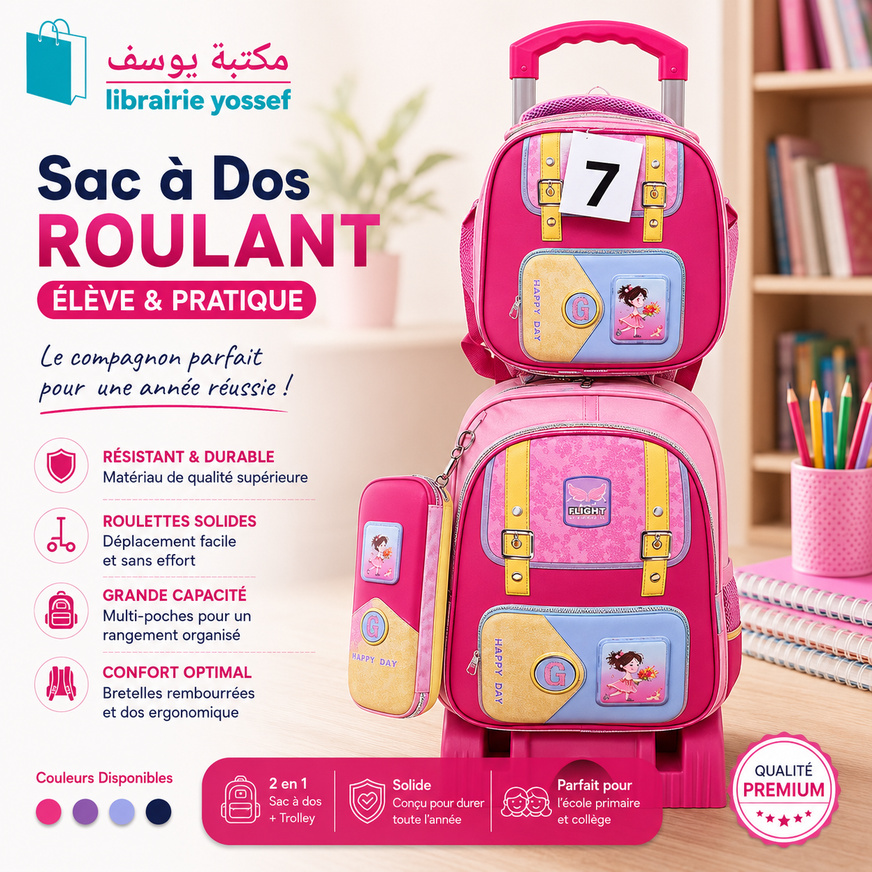 Sac à dos roulant fille - rose lapin modèle 10