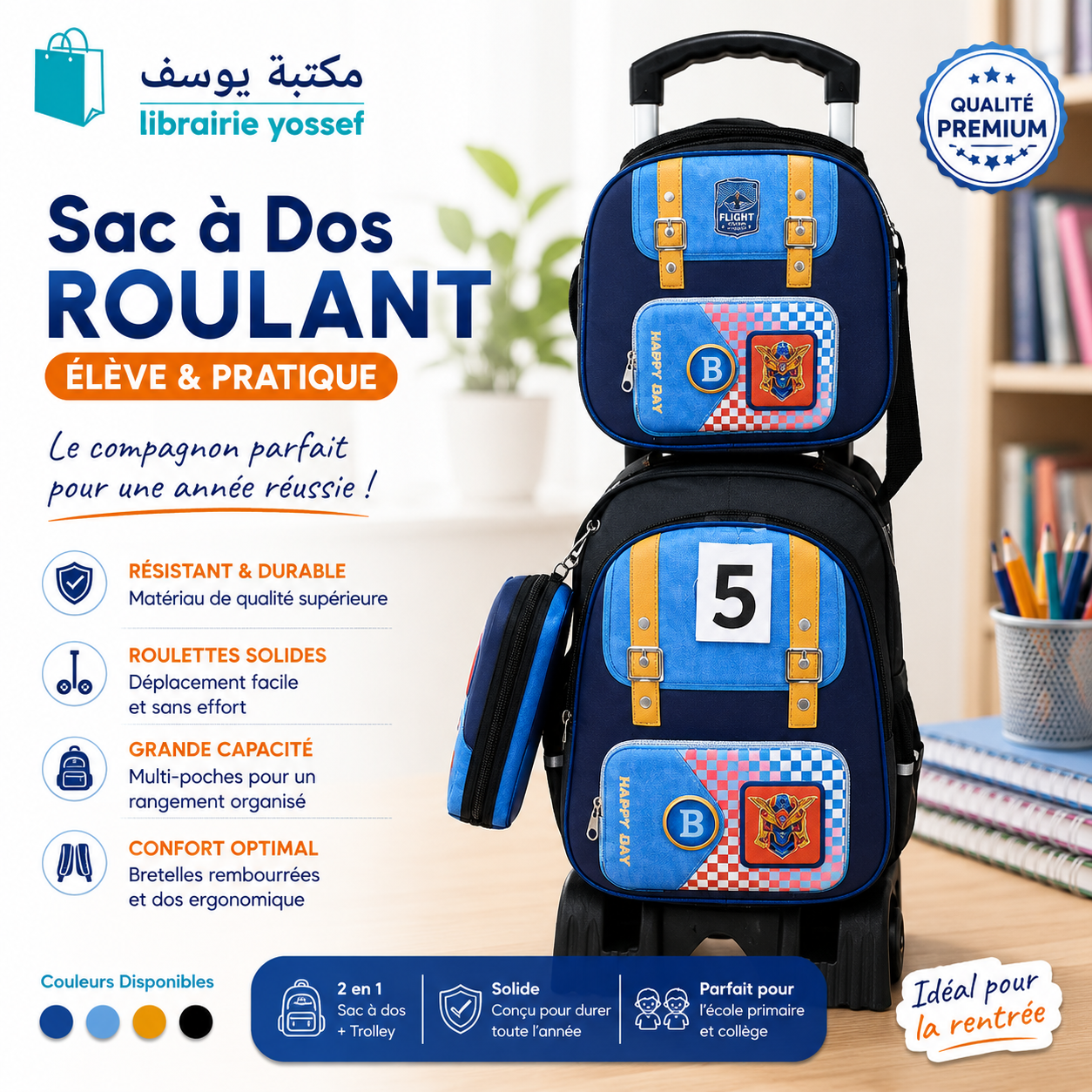 Sac à Dos Roulant 3 Pcs – Élève & Pratique